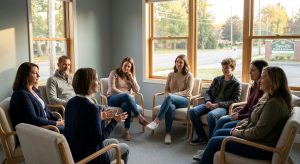 Group therapy session at a mental health partial hospitalization program in Danville, Virginia, showing diverse participants seated in a supportive circle with natural lighting