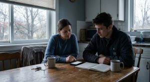 A woman and a young man sit across a wooden kitchen table in soft morning window light, coffee mugs between them, with a handwritten note beside a phone, conveying a quiet moment of planning together during early recovery.