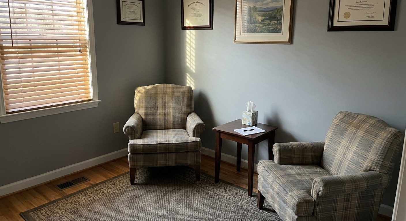 Two chairs in a quiet psychiatry consultation room with natural light, representing a safe space for mental health care in Danville, VA